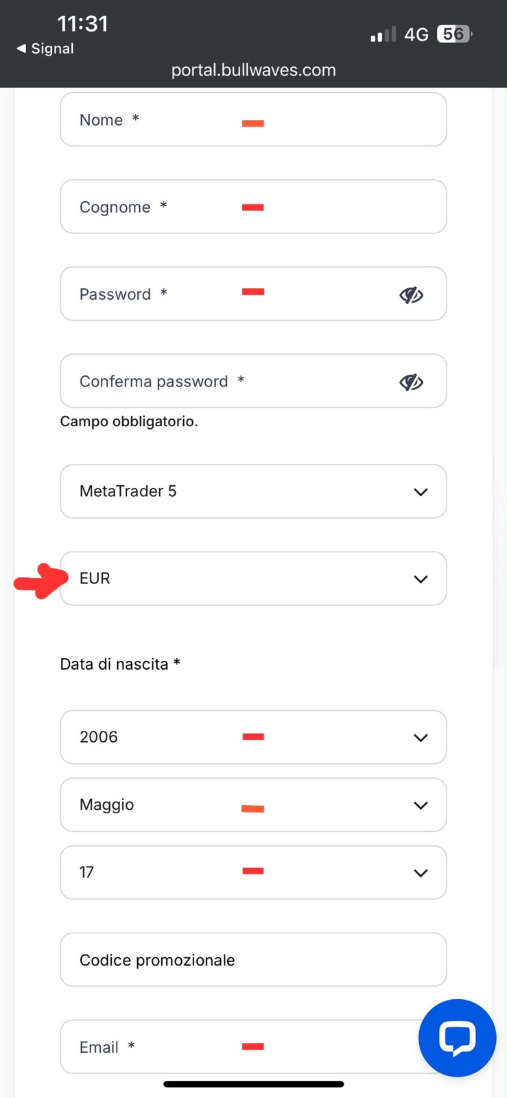 Modulo di registrazione Bullwaves: nome, cognome, password, MetaTrader 5, EUR, data di nascita