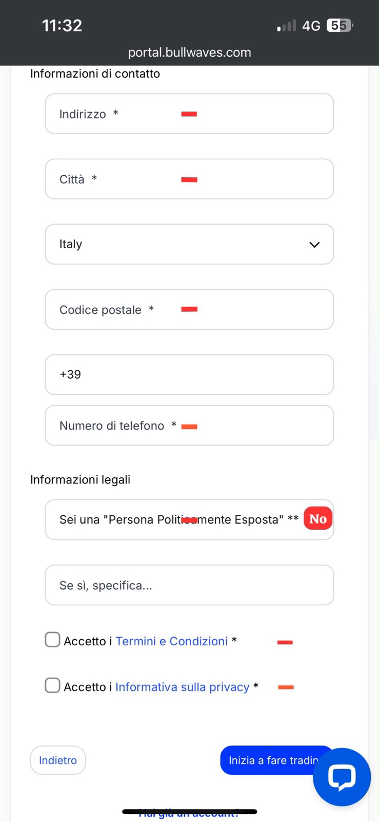 Seconda schermata: indirizzo, telefono, accettazione termini e bottone Inizia a fare trading