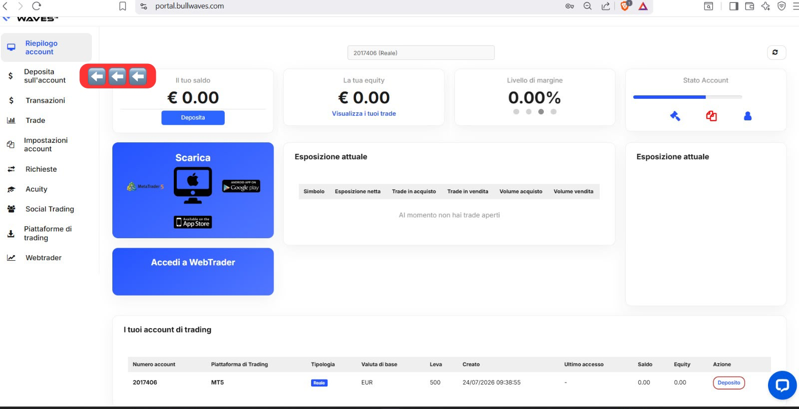 Portale Bullwaves: la voce Deposita sull'account evidenziata nel menu a sinistra